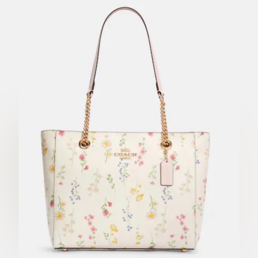 COACH Marlie Tote With Spaced Wildflower Print New with Tags Leather Chain Bag